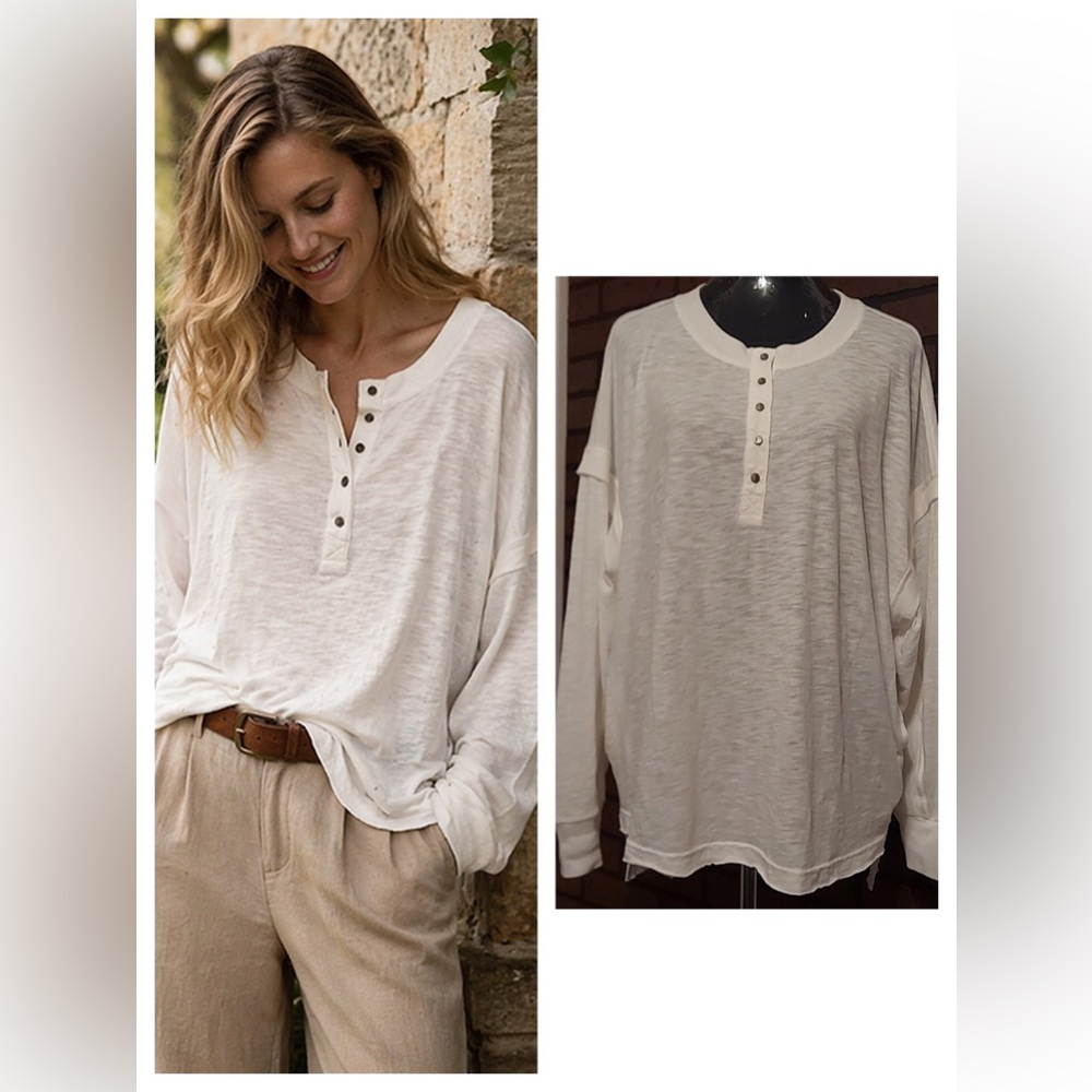 Free People Oversized Henley Slub Knit Top White Size S NWT Relaxed